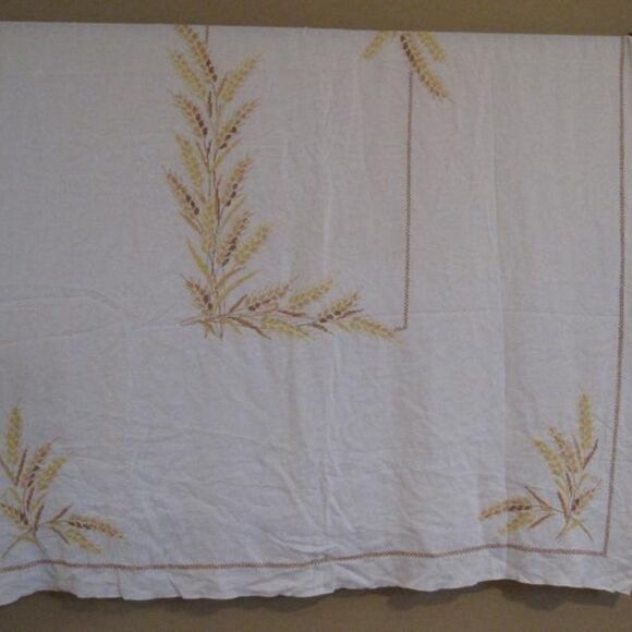 Tablecloth linen embroidery criss cross oats vtg - Picture 1 of 5